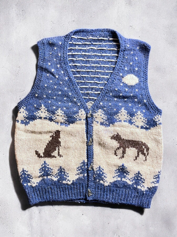 Vintage Hand Knit Wolf Sweater Vest Jumper Small