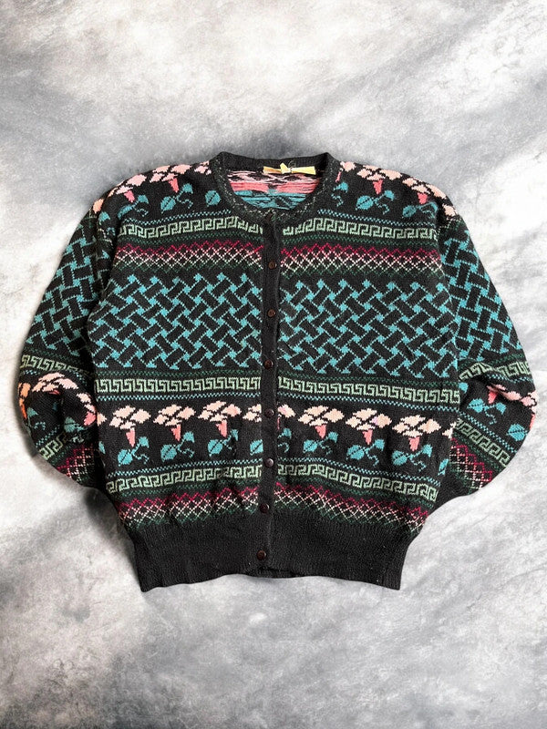 Vintage Floral Pattern Wool Knit Sweater Cardigan Large