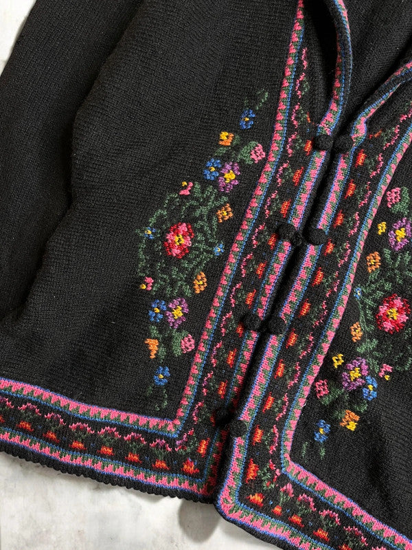 Vintage Floral Knit Sweater Jacket Large Hand Embroidered