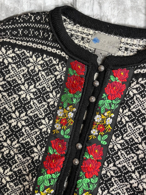 Vintage Floral Norwegian Knit Cardigan Sweater Medium